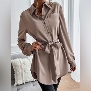 Chic Taupe Belted Shirt Dress